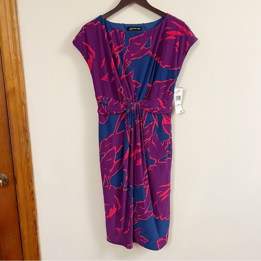 Jones New York Purple/Navy Blue Floral Print Stretch Midi Dress Size 12 NEW